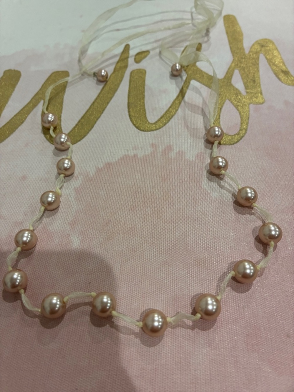 Pearl Bead Ribbon Necklace - Pink